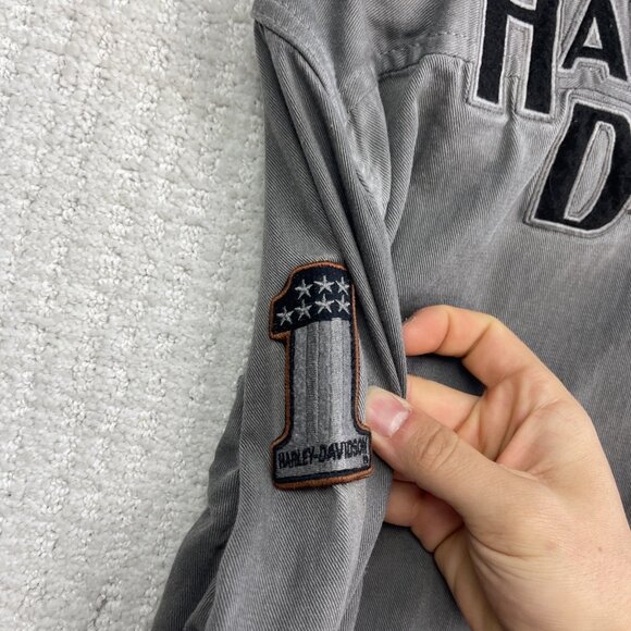 Y2K Harley-Davidson Men’s Gray Denim Button Shirt Embroidered Logo Patches Read - Picture 14 of 15